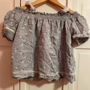 Love Notes grey floral crochet trim off the shoulder top. Size:small